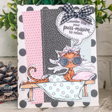 Relaxation-themed cat card with a sunglasses-wearing tabby and the sentiment, “Consider this your purr-mission to relax.”