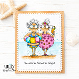 Handmade friendship card featuring two women in colorful pool floats with tropical drinks and the sentiment, “We came. We floated. We judged.”