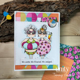 Handmade friendship card featuring two women in swimsuits with pool floats and the sentiment, “We came. We floated. We judged.”