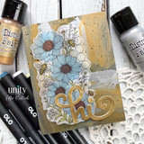 Mixed media floral card featuring blue daisies, buzzing bees, and a large gold "hi" sentiment.