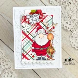 Card of Santa and his reindeer on a red plaid panel with 'Merry Crisis' on a banner.