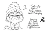 Red rubber stamp sheet: a grumpy cat in a towel turban and robe with 'Today's agenda: rest, hydrate, cancel everything' and 'Sending calm thoughts and permission to ignore everyone'.