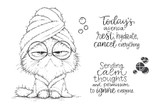 Red rubber stamp sheet: a grumpy cat in a towel turban and robe with 'Today's agenda: rest, hydrate, cancel everything' and 'Sending calm thoughts and permission to ignore everyone'.