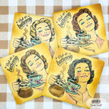 Set of four retro coffee-themed cards featuring a vintage woman with a teacup and the sentiment, “Perk up, buttercup.”