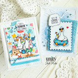 Two beach-themed goose cards featuring summer scenes with playful sentiments, sandcastles, snorkeling, and a pool float.