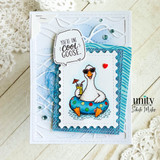 Summer card with a sunglasses-wearing goose in a swim ring holding a tropical drink and the sentiment, “You’re One Cool Goose.”