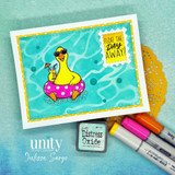 Summer card with a goose in a pink swim ring holding a tropical drink and the sentiment, “Float the Day Away!”