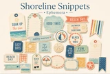 The Shoreline Snippets ephemera sheet - beach tags, banners and journaling cards in sea blue, coral and sand with beach balls, a sandcastle, a starfish and shells, lettered soak up the sun, saltwater heals everything, lazy days and beach hair don't care.