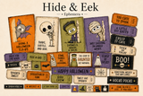 Hide & Eek ephemera pack — die-cut Halloween labels and tags with cartoon skeletons, ghosts and spiders and sentiments like 'BOO!', 'Trick or Treat' and 'Happy Halloween' in purple, orange, black and green.