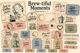 The Brew-tiful Moments ephemera sheet - vintage coffee labels, tags and mini art in blush, sage and cream with retro women and coffee pots, lettered with phrases such as perk up buttercup, but first coffee, espresso yourself and coffee is my love language.