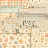 Farmhouse patterned paper pack in soft neutrals - plaid, gingham, grid, and watercolor cow-spot prints with vintage dairy and creamery ephemera and the grumpy Abundant Cow.