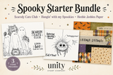 Spooky Starter Bundle promo showing the three included items: the Scaredy Cats Club ghost-cats stamps, the Hangin' with my Spookies spider stamps, and Heebie Jeebies Halloween paper.