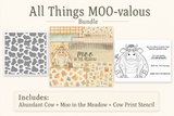 All Things Moo-Valous Bundle promo showing the included Abundant Cow stamp set, Moo in the Meadow paper pack, and the Cow Print stencil.