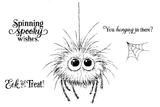 Red rubber stamp set line art: a fuzzy long-legged spider dangling from a thread beside a spiderweb, with the sentiments 'Spinning spooky wishes.', 'You hanging in there?', and 'Eek or Treat!'
