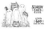 Red rubber stamp set line art: a huddle of wide-eyed cats playing ghost among wildflowers, with the sentiments 'Scaredy Cats Club.' and 'A little boo from our crew.'