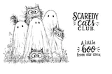 Red rubber stamp set line art: a huddle of wide-eyed cats playing ghost among wildflowers, with the sentiments 'Scaredy Cats Club.' and 'A little boo from our crew.'
