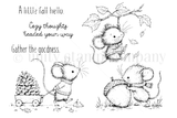 Red rubber stamp set with three mice in knit sweaters, one pulling a wagon with a giant pinecone, one swinging from a leafy branch and one hugging a big acorn, with the sentiments A little fall hello, Cozy thoughts headed your way, and Gather the goodness