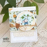 Card with a sweater-wearing mouse on an autumn branch and the sentiment 'A little fall hello.'