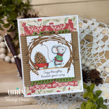 Card using the Mice & Cozy stamp set — a mouse pulling a wagon of pinecones with 'Cozy thoughts headed your way.'
