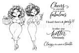 Red rubber stamp set with two glamorous curly-haired women in cocktail dresses holding a gift with wine and a martini, with sassy sentiments including Cheers to another year of being fabulous and Another year hotter. Obviously.