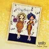 Yellow card with the two fabulous women in leopard and tiger print dresses holding a gift and wine amid confetti, 'I heard there's a party?!'