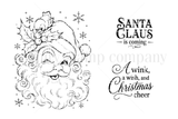 Red rubber stamp set with a vintage winking Santa in a holly-trimmed hat with a small bird perched on it, surrounded by snowflakes, with the sentiments Santa Claus is coming and A wink, a wish, and Christmas cheer