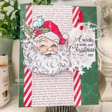 Green-and-red Christmas card — the smiling vintage Santa beside a tag reading 'A wink, a wish, and Christmas cheer.'