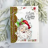 A retro winking Santa with a swirling white beard and holly-trimmed hat, a tiny bird peeking from his cap, on a floral panel with a green scalloped border and twine bow, reading 'A wink, a wish, and Christmas cheer.'