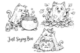 Red rubber stamp set with three cats in ghost sheets — one stirring a bubbling cauldron, one leaping through falling leaves, one carving a jack-o'-lantern — with the sentiment Just Saying Boo