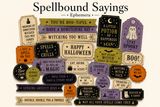 Spellbound Sayings Halloween ephemera sheet — die-cut sentiment pieces in purple, orange and black including 'You're Boo-tiful,' 'Happy Halloween,' 'Resting Witch Face,' 'Stay Spooky' and 'May all your spells come true.'