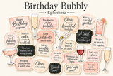 Birthday Bubbly ephemera sheet of cut-apart sentiment tags and cocktail accents - champagne glasses and martinis with 'Happy Birthday, gorgeous.' and 'You deserve all the bubbly.'