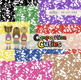 Composition Cuties 6x6 paper pack from Unity Stamp Co — sixteen sheets of classic composition-notebook marble prints in black, purple, red, green, yellow, blue, pink, tan and cream, with an illustration of three children seen from behind in their backpacks.