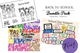 Back to School Bundle Pack from Unity Stamp Co — the Off We Grow red rubber stamp set of three children in backpacks with 'Have the best first day!', the Composition Cuties 6x6 notebook-marble paper pack, and a free School Day Snippets cut-apart ephemera sheet.