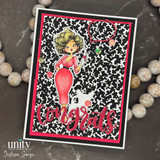 Card showing the Classic Composition red rubber background stamp: an inky black-and-white composition-notebook marble pattern used as the card panel behind a stamped figure and red 'Congrats' lettering.