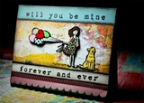 Mixed media card: the girl in a floral dress with heart balloons and a golden dog, with sentiments from another set