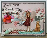 Sample card: the girl in a burgundy polka-dot dress with red balloons and a golden dog on pink heart paper, with 'Your love blows me away'