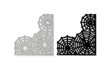 Layered spider web corner cutting die shown in silver metal and as a black die-cut, an L-shaped cobweb that tucks into the corner of a Halloween card.
