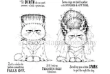 Deadpan Devotion red rubber stamp set from Unity Stamp Co - a grumpy Frankenstein cat in a tattered tuxedo with neck bolts and a stitched forehead beside his Bride of Frankenstein cat in a towering beehive and torn veil, with five deadpan sentiments including "Still looking FRIGHTENINGLY fabulous."