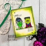 Handmade card with two grumpy Frankenstein cats, a groom in a tux and his bride, stamped on a lime-green panel reading 'Til DEATH do us part seemed a little optimistic.'