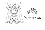 Cowstume Party red rubber stamp set from Unity Stamp Co - a shaggy Highland cow wearing a ghost bedsheet costume with cut-out eye holes over its horns, holding a jack-o'-lantern trick-or-treat bucket, with the sentiments "Happy hauntings." and "So SPOOKY-ish!"