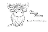 Merry Moo & Birdie Too red rubber stamp set from Unity Stamp Co - a shaggy Highland cow with long fringe and curling horns wearing a crown of holly and berries, with a small bird in a knit bobble hat perched on one horn, and the sentiments "You make the season feel brighter." and "Mooey Christmas"