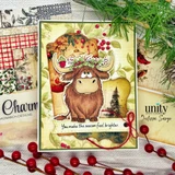 The Christmas Highland cow on a vintage botanical collage background with pears and red berries, captioned 'You make the season feel brighter.'