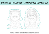 Digital cut file preview: teal SVG cut outlines traced around the two Deadpan Devotion images, labeled 'Digital cut file only - stamps sold separately' and 'SVG file format for electronic die cut machines.'