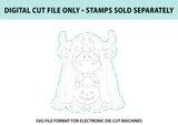 Digital cut file preview: a teal SVG cut outline traced around the Cowstume Party cow in a ghost costume holding a jack-o'-lantern, labeled 'Digital cut file only - stamps sold separately.'