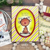 Handmade card with the Twinkle Toes character stamped and colored, tangled in twinkle lights inside a red scalloped oval on yellow and white striped paper, with "You light up the season" stamped above.