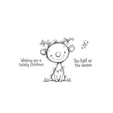 Twinkle Toes red rubber stamp set from Unity Stamp Co. A round, sketchy character with a big smile and a round nose, holly-and-light-bulb antlers, and a string of twinkle lights draped around its neck, sitting with its legs out, plus a separate sparkle stamp of one large four-point star and two small stars, with the sentiments "Wishing you a twinkly Christmas" and "You light up the season"