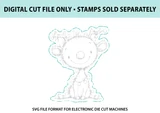 Digital cut file preview: a teal SVG cut outline traced around the Twinkle Toes character, labeled 'Digital cut file only - stamps sold separately' and 'SVG file format for electronic die cut machines.'
