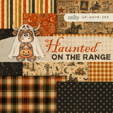 Cover of the Haunted on the Range 6x6 paper pack - a spooky Western collage with a ghost-costume Highland cow and swatches of orange plaid, paisley and vintage Halloween papers.