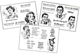 Three retro engraved red rubber stamp sheets in one bundle: 1950s women with 'My life coach is a bottle of wine', dapper mid century men with 'Attaboy!' and two vintage pinup witches.