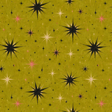 Olive gold paper with large black starbursts and small pink and cream sparkles.